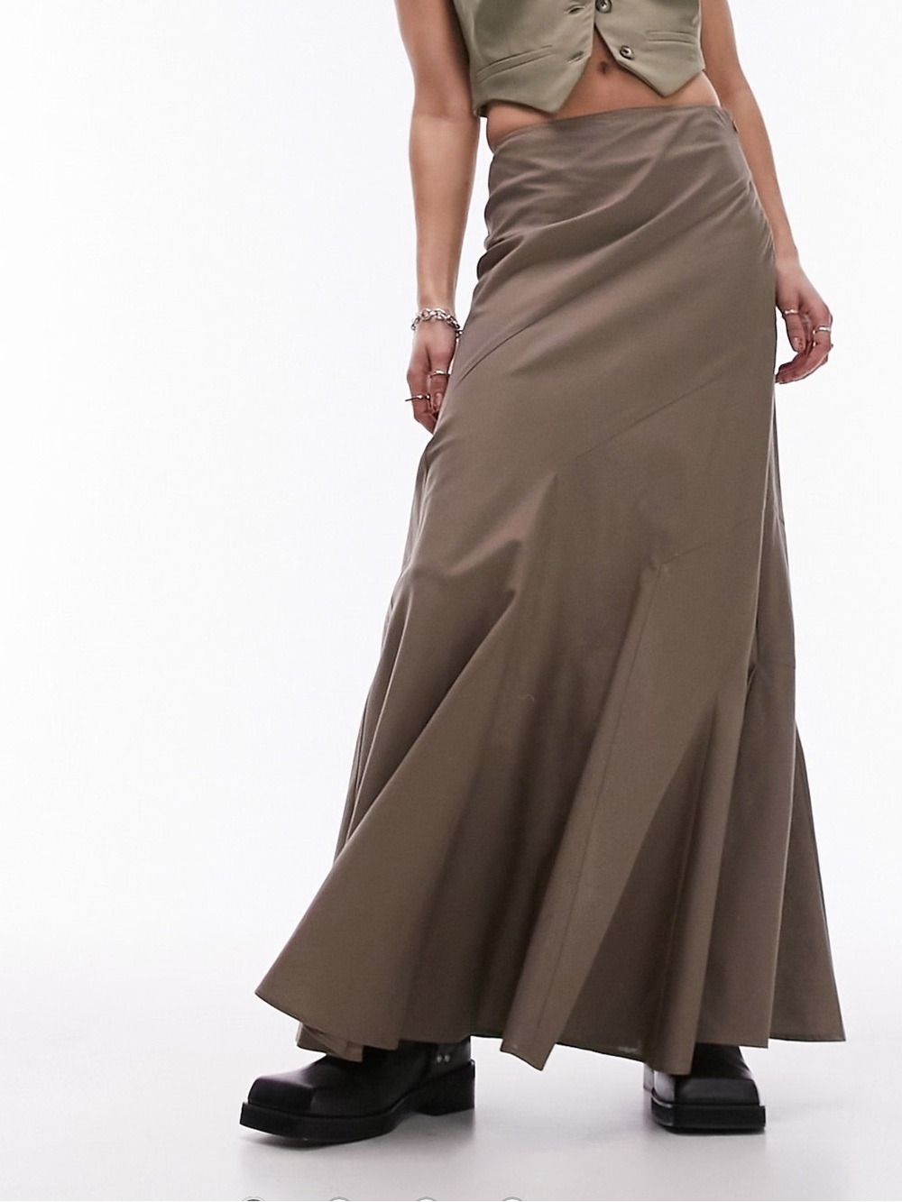 Topshop Asymmetric Seam Flare Maxi Skirt Brown Linen Blend Size US 8 (UK 12)